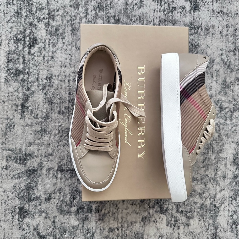 Burberry Tan and White Check Sneakers